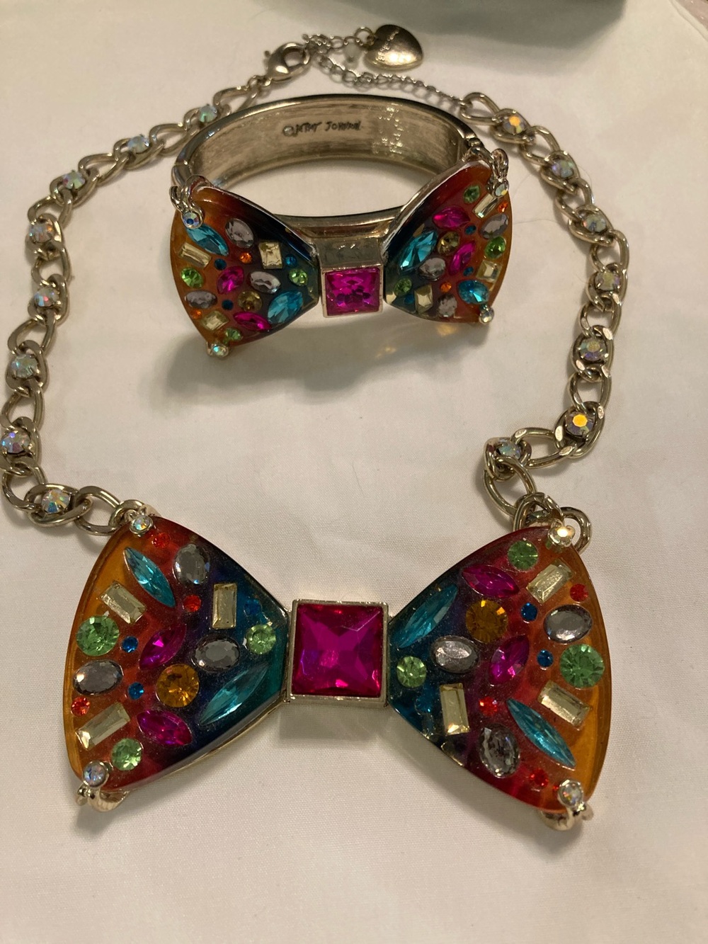 Betsey Johnson Multicolor Crystal Bow Necklace with Matching Bracelet